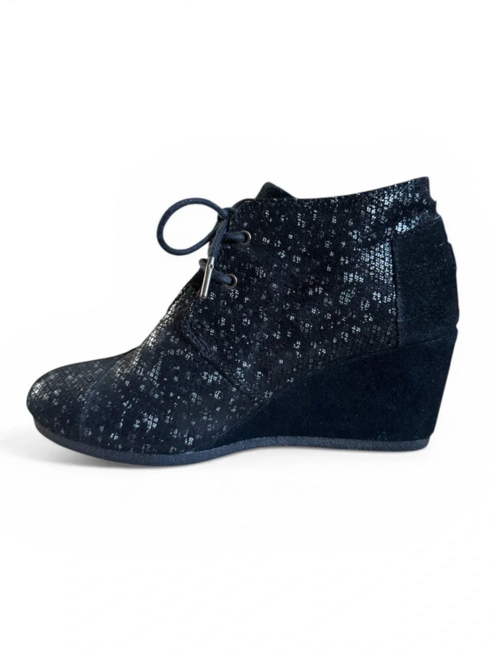 TOMS Metallic Wedge Booties Black Sparkly Lace Up Ankle Boots Size 7